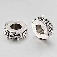 Alloy European Large Hole Beads, Flat Round with Flower, Antique Silver, 10x3.5mm, Hole: 6mm(MPDL-E040-07AS)