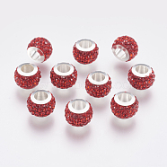304 Stainless Steel European Beads, with Polymer Clay Rhinestone, Large Hole Beads, Rondelle, Light Siam, 11x7.5mm, Hole: 5mm(CPDL-E045-A03)