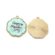 Rack Plating Acrylic Pendants, with Golden Tone Alloy Findings, Cadmium Free & Nickel Free & Lead Free, Mother's Day, Flower Charm with Word, Aquamarine, 30x27x2.5mm, Hole: 2mm(PALLOY-M204-01G-B)