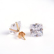 Square Cubic Zirconia Stud Earrings, with Golden Plated 304 Stainless Steel Pins, Clear, 3.5x3mm, Pin: 0.9mm(EJEW-H306-08G-3mm)
