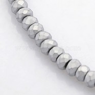 Electroplate Non-magnetic Synthetic Hematite Beads Strands, Faceted Rondelle, Frosted, Platinum Plated, 3x2mm, Hole: 1mm, about 214pcs/strand, 15.7 inch(G-J208G-02)