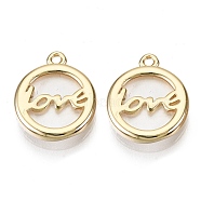 Brass Cat Eye Charms, Nickel Free, Flat Round with Word love, Creamy White, Real 18K Gold Plated, 12.5x10.5x2mm, Hole: 1mm(KK-T056-68G-NF)