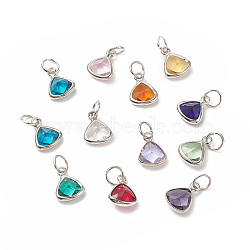 12Pcs 12 Color Faceted Glass Pendants, Birthstone Charms, with Platinum Brass Cabochon Settings and Iron Jump Rings, Triangle, Mixed Color, 10.5x8x3.5mm, Hole: 3.5mm, 1Pc/color(PALLOY-JF01961)
