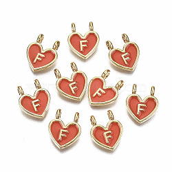 Alloy Enamel Charms, Cadmium Free & Lead Free, Heart with Initial Letters, Light Gold, Orange Red, Letter.F, 14.5x11.5x4.5mm, Hole: 2mm(ENAM-T012-02F-RS)