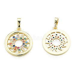 Brass Micro Pave Colorful Cubic Zirconia Pendants, with Brass Snap on Bails, Nickel Free, Hollow, Flower, Real 18K Gold Plated, 19.5x17x2mm, Hole: 3x6mm(ZIRC-N039-257)