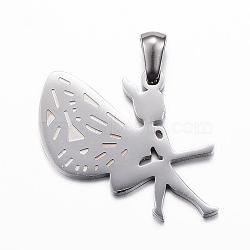 304 Stainless Steel Pendants, Fairy, Stainless Steel Color, 28x21x1.5mm, Hole: 3x5mm(STAS-E135-02P)