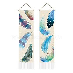 Polyester Decorative Wall Tapestrys, for Home Decoration, with Wood Bar, Rope, Rectangle, Feather Pattern, 1300x330mm(AJEW-WH0399-018)