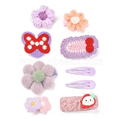 Iron Snap Hair Clips & Alligator Hair Clips Sets for Kids, with Cloth, Flower & Bowknot & Oval & Rectangle with Strawberry, Lilac, 38~62x14~51x1.4~18mm, 9pcs/set(PHAR-L007-A05)
