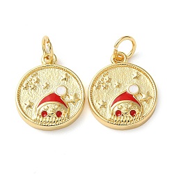 Christmas Rack Plating Brass Pendants, with Jump Ring and Enamel, Long-Lasting Real 18K Gold Plated, Cadmium Free & Lead Free, Flat Round with Snowman Charm, Red, 15x13x3mm, Hole: 3.4mm(KK-F857-03G)