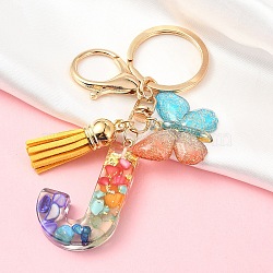 Resin Keychain, with Faux Suede Tassel Pendant & Alloy Clasps & Iron Rings, Letter J, 10cm(KEYC-YW00120-10)