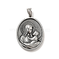 Tibetan Style 304 Stainless Steel Pendants, Religion, Oval with Virgin Pattern Charms, Antique Silver, 35.5x26x5mm, Hole: 5x7mm(STAS-G275-06AS)