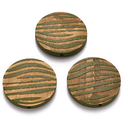 Painted Natural Wood Beads, Laser Engraved Pattern, Flat Round with Zebra-Stripe, Olive, 30x5mm, Hole: 1.6mm(X-WOOD-N006-06D)