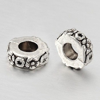 Alloy European Large Hole Beads, Flat Round with Flower, Antique Silver, 10x3.5mm, Hole: 6mm