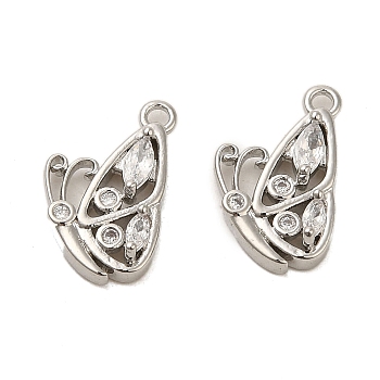 Brass Micro Pave Cubic Zirconia Pendants, Butterfly Charms, Platinum, 10x13.5x3mm, Hole: 1.2mm