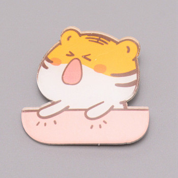 Tiger Chinese Zodiac Acrylic Brooch, Lapel Pin for Chinese Tiger New Year Gift, White, Orange, 36x36.5x7mm