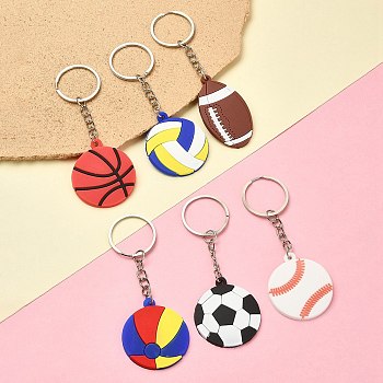 6Pcs 6 Styles PVC Plastic Pendant Keychain, Sports Goods Keychain, with Platinum Plated Iron Split Key Rings, Mixed Shapes, 9.85~10.85cm, 1pc/style