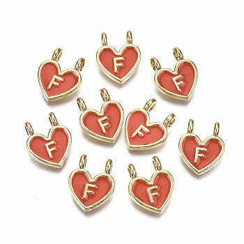 Alloy Enamel Charms, Cadmium Free & Lead Free, Heart with Initial Letters, Light Gold, Orange Red, Letter.F, 14.5x11.5x4.5mm, Hole: 2mm
