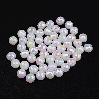 Faceted Colorful Eco-Friendly Poly Styrene Acrylic Round Beads, AB Color, White, 8mm, Hole: 1.5mm, about 2000pcs/500g