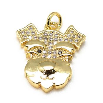 DIY Brass Micro Pave Cubic Zirconia Puppy Pendants, Terrier Dog Head Charms, Golden, 20x17.5x3mm, Hole: 3mm