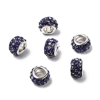 Polymer Clay Rhinestone European Large Hole Beads with Silver Color Plated Brass Cores, Rondelle, Violet, 11~12x7~7.5mm, Hole: 5mm