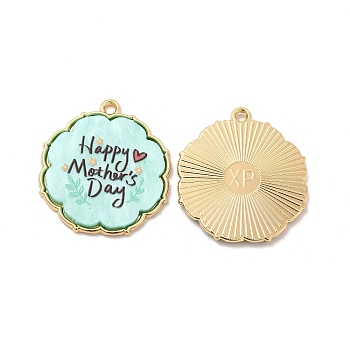 Rack Plating Acrylic Pendants, with Golden Tone Alloy Findings, Cadmium Free & Nickel Free & Lead Free, Mother's Day, Flower Charm with Word, Aquamarine, 30x27x2.5mm, Hole: 2mm