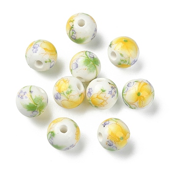 Handmade Printed Porcelain Round Beads, with Flower Pattern, Yellow, 10mm, Hole: 2mm