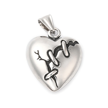 304 Stainless Steel Pendants, Mended Heart Charms, Antique Silver, 40mm, Hole: 9x4.5mm