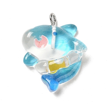 Ocean Theme Transparent Resin Cartoon Pendants, Sea Animal Charms with Platinum Tone Iron Loops, Shark, 26x20.5x7mm, Hole: 2mm