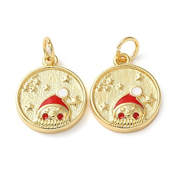 Christmas Rack Plating Brass Pendants, with Jump Ring and Enamel, Long-Lasting Real 18K Gold Plated, Cadmium Free & Lead Free, Flat Round with Snowman Charm, Red, 15x13x3mm, Hole: 3.4mm