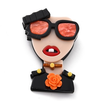 Fashion Girl with Glasses Brooch, Creative Acrylic Safety Lapel Pin for Backpack Clothes, Black, 64x44x11mm, Pin:0.6mm