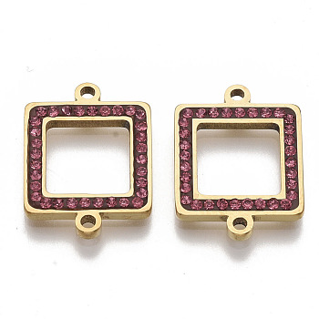 304 Stainless Steel Links connectors, with Rhinestone, Square, Golden, Rose, 20x15x2mm, Hole: 1.5mm