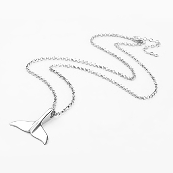 Stainless Steel Pendant Necklaces, with Stainless Steel Pendant and Brass Lobster Claw Clasps, Whale Tail Shape, Stainless Steel Color, 21.6 inch(55cm)