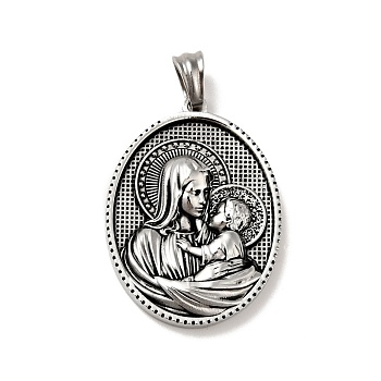 Tibetan Style 304 Stainless Steel Pendants, Religion, Oval with Virgin Pattern Charms, Antique Silver, 35.5x26x5mm, Hole: 5x7mm