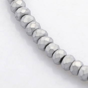 Electroplate Non-magnetic Synthetic Hematite Beads Strands, Faceted Rondelle, Frosted, Platinum Plated, 3x2mm, Hole: 1mm, about 214pcs/strand, 15.7 inch