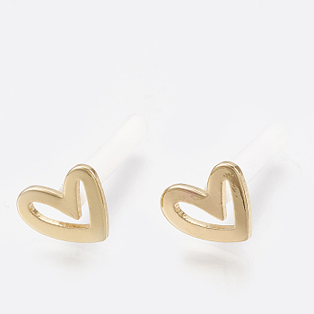 Brass Stud Earrings, Real 18K Gold Plated, with Raw(Unplated) Silver Pins and Plastic Protector, Heart, 7.5x9mm, Pin: 0.7mm
