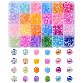 480Pcs 24 Style Acrylic Beads, Imitation Jade & Crackle & AB Colors Plated, Round, Mixed Color, 7.5~8x7mm, Hole: 1.8~2mm, about 20pcs/style