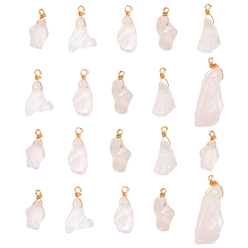 20Pcs Raw Rough Natural Rose Quartz Pendants, Nuggets Charms, with Real 18K Gold Plated Eco-Friendly Copper Wire Wrapped, 24.5~32x7.5~13x7~10mm, Hole: 3mm