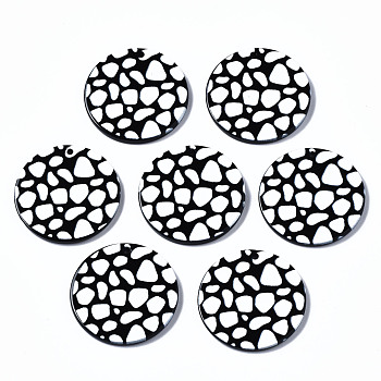 3D Printed Acrylic Pendants, Flat Round with Wave Point Pattern, Black and White, Black, 27.5x2.5mm, Hole: 1.6mm
