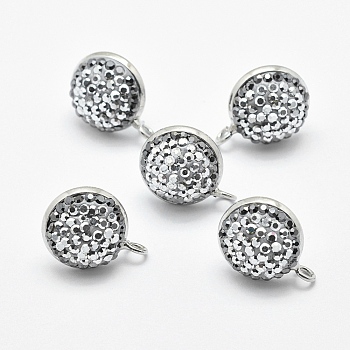 Brass Polymer Clay Stud Earring Findings, with Loop, Grade A Rhinestones, Flat Round, Platinum, 18x14mm, Hole: 2mm, Pin: 0.6mm