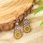 Bohemian Alloy Enamel Dangle Earrings, with Rhinestone, Teardrop with Flower Pattern, Red Copper, Gold, 55x17mm(FS-WG2DAA9-03)