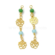 Glass Beaded Pendants, with Real 18K Gold Plated Brass Loop, Rose Flower Charm, Azure, 47x8x4mm, Hole: 1.6mm(KK-P242-18G-02)