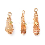 Electroplated Raw Rough Natural Quartz Crystal Copper Wire Wrapped Pendants, Copper Plated Teardrop Charms with Brass Star Beads, Golden, 29~35x8~10x7~10.5mm, Hole: 3.5mm(PALLOY-JF02413-01)