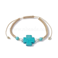 Synthetic Turquoise Cross & Imitation Pearl Braided Bead Bracelet, Adjustable Bracelet, Inner Diameter: 2-3/8~3-3/4 inch(6~9.5cm) (BJEW-JB09743)