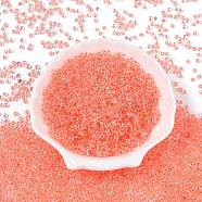 8/0 Inside Colours Transparent Glass Seed Beads, Teardrop, Top Drilled, Salmon, 3~3.5x3x2~2.5mm, Hole: 0.8~0.9mm, about 15000pcs/pound(SEED-T007-06H)