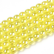 Electroplate Transparent Glass Beads Strands, AB Color Plated, Round, Yellow, 4~4.5mm, Hole: 0.8mm, about 97~99pcs/strand, 14.76 inch~14.96 inch(37.5~38cm)(GLAA-T032-T4mm-AB12)