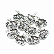 Thai 925 Sterling Silver Charms, Carved 925, with Jump Ring, Lotus Leaf, Antique Silver, 13.5x15x2mm, Hole: 4mm(STER-T002-07AS)