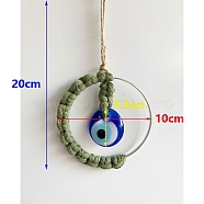 Handmade Woven Cotton Thread with Turkish Glass Evil Eye Wall Hanging Ornament, with Iron Ring, Olive Drab, 200x100mm(PW-WG89558-02)