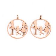 304 Stainless Steel Pendants, with Jump Rings, Laser Cut, Ring with Family, Rose Gold, 16x15x1mm, Jump Ring: 2.8x0.5mm, 1.8mm inner diameter(STAS-S116-132RG)