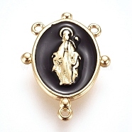 Golden Plated Brass Chandelier Component Links, with Enamel, Oval with Virgin Mary, Black, 17.5x13x2mm, Hole: 0.8mm(KK-L155-03E-G)