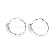 304 Stainless Steel Hoop Earrings, with Acrylic Imitation Pearl, Ring, Stainless Steel Color, 37x40.5x2~12mm, Pin: 1x0.6mm(STAS-D171-13P)